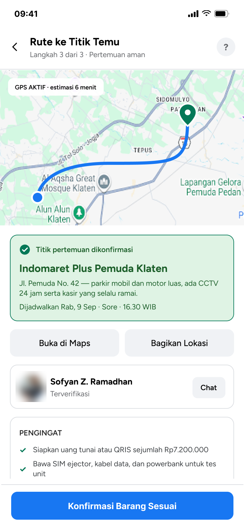 Route to the meeting point and item check