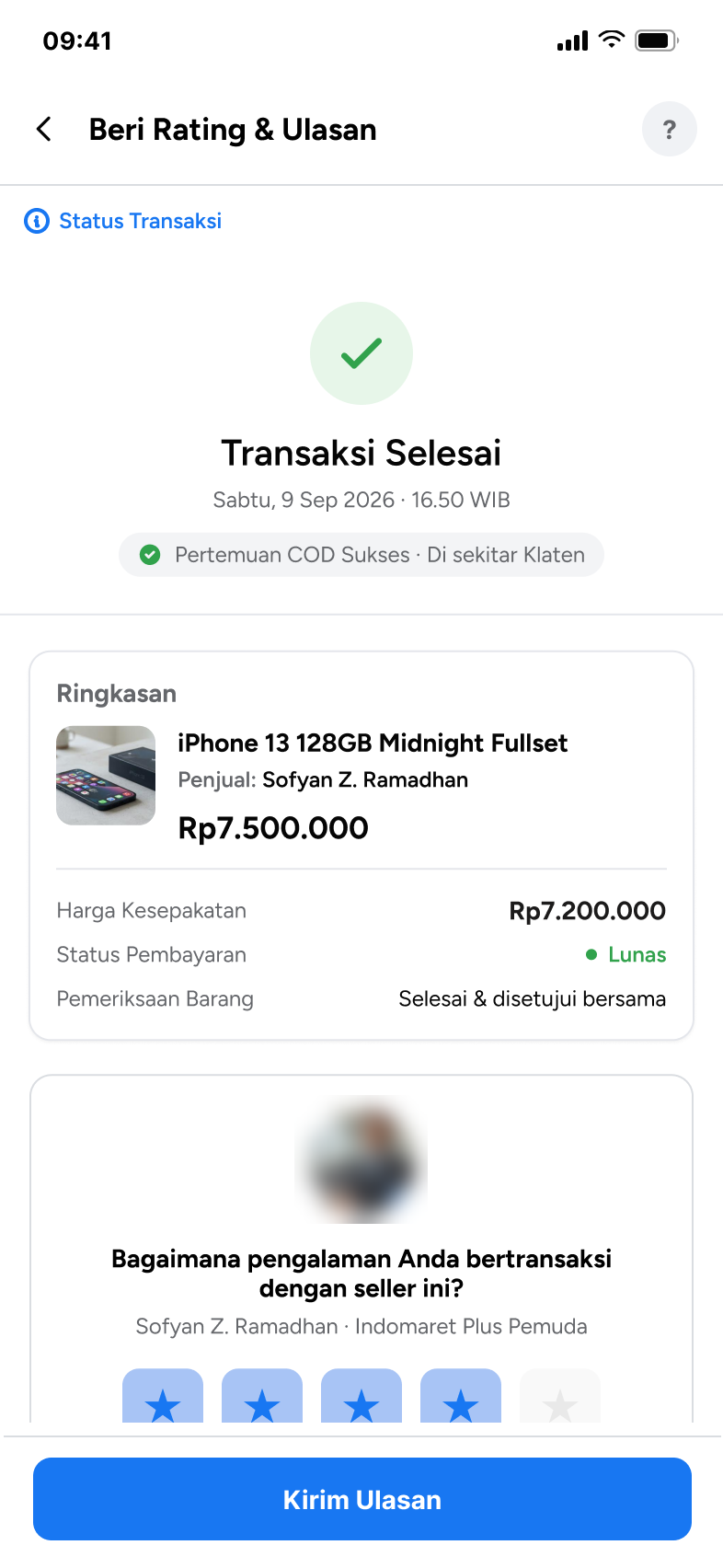 Rating the seller with four stars before sending the review