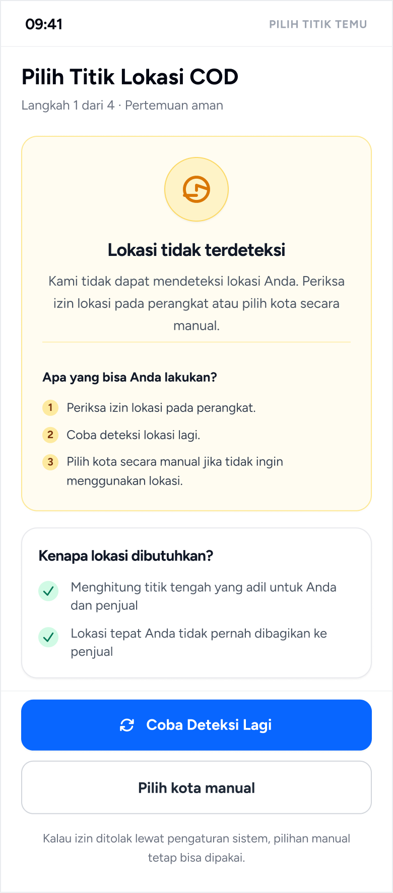 Location not detected; buyer can retry or pick a city manually