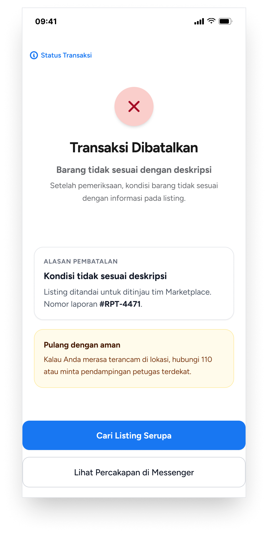 Transaction cancelled with a report number and a get-home-safe note