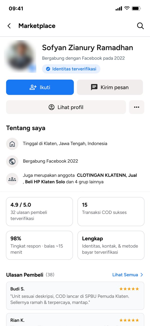 Seller profile with an identity-verified chip, rating, successful COD count and response rate