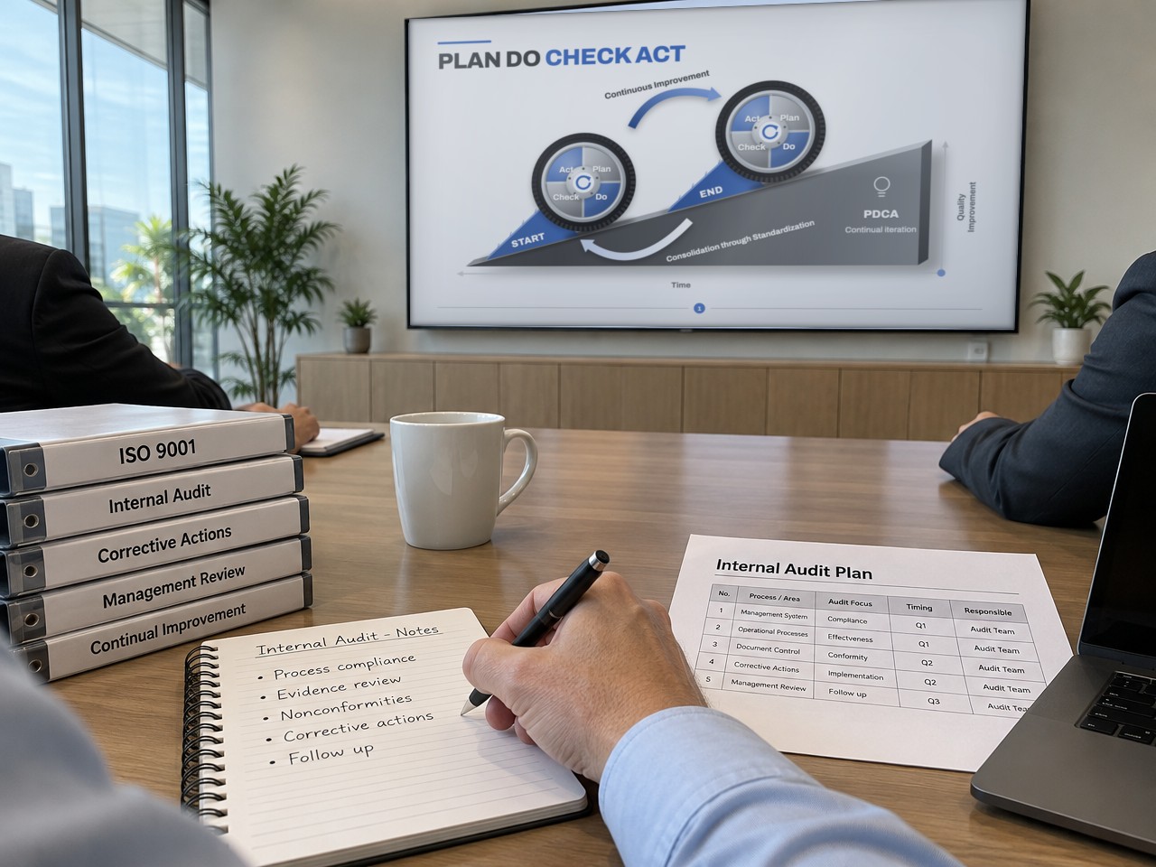PDCA cycle diagram shown on a meeting-room TV, with ISO 9001 binders, an internal audit plan, and handwritten audit notes on the table