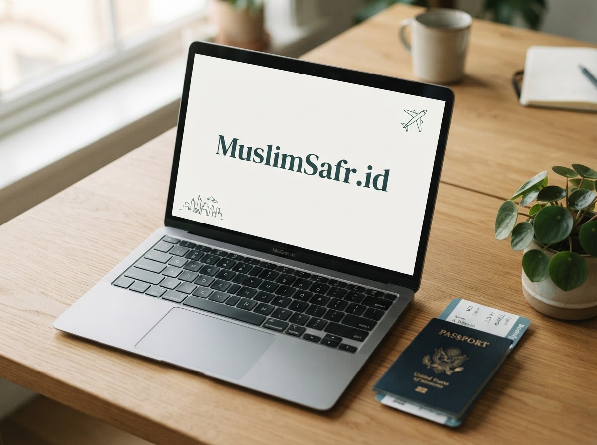 Laptop on a desk showing the MuslimSafr.id travel branding cover