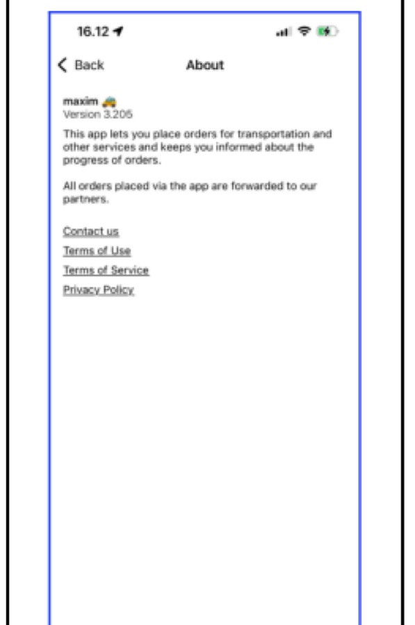 Maxim About/Help page with Contact Us and policy links