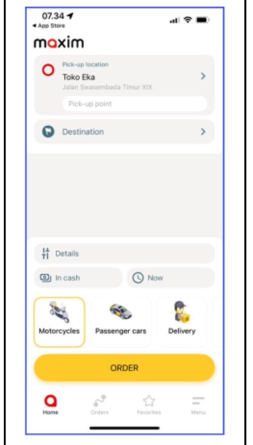 Maxim home/order screen: consistent service icons and bottom nav