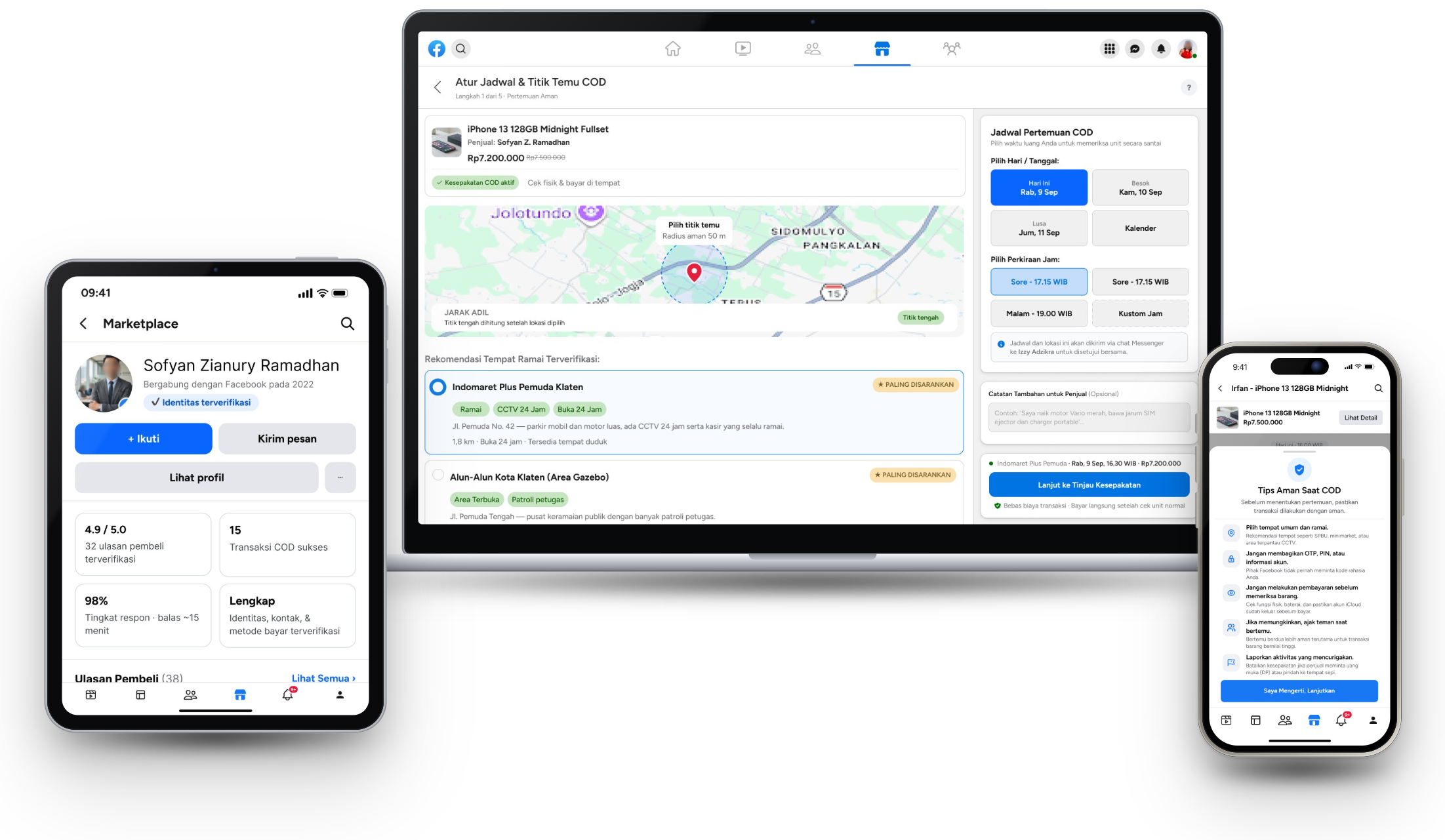 COD Aman on desktop, tablet, and phone: meeting point and schedule, seller trust profile, and COD safety tips